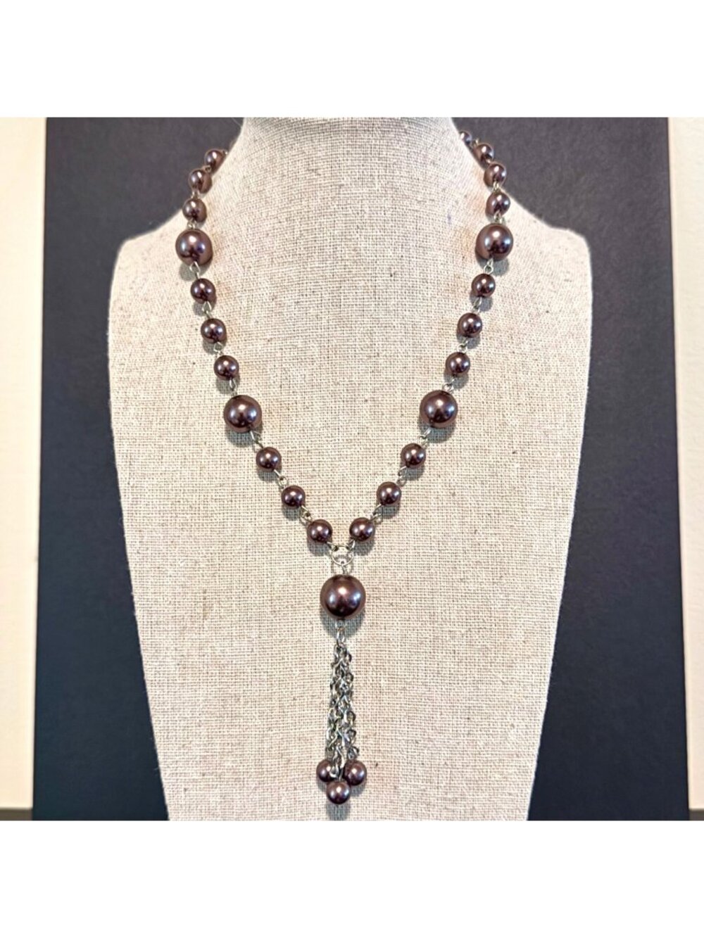 Faux Pearl Black Pearl Station Tassel Fashion Y Necklace 18" L 2" Tassel Formal